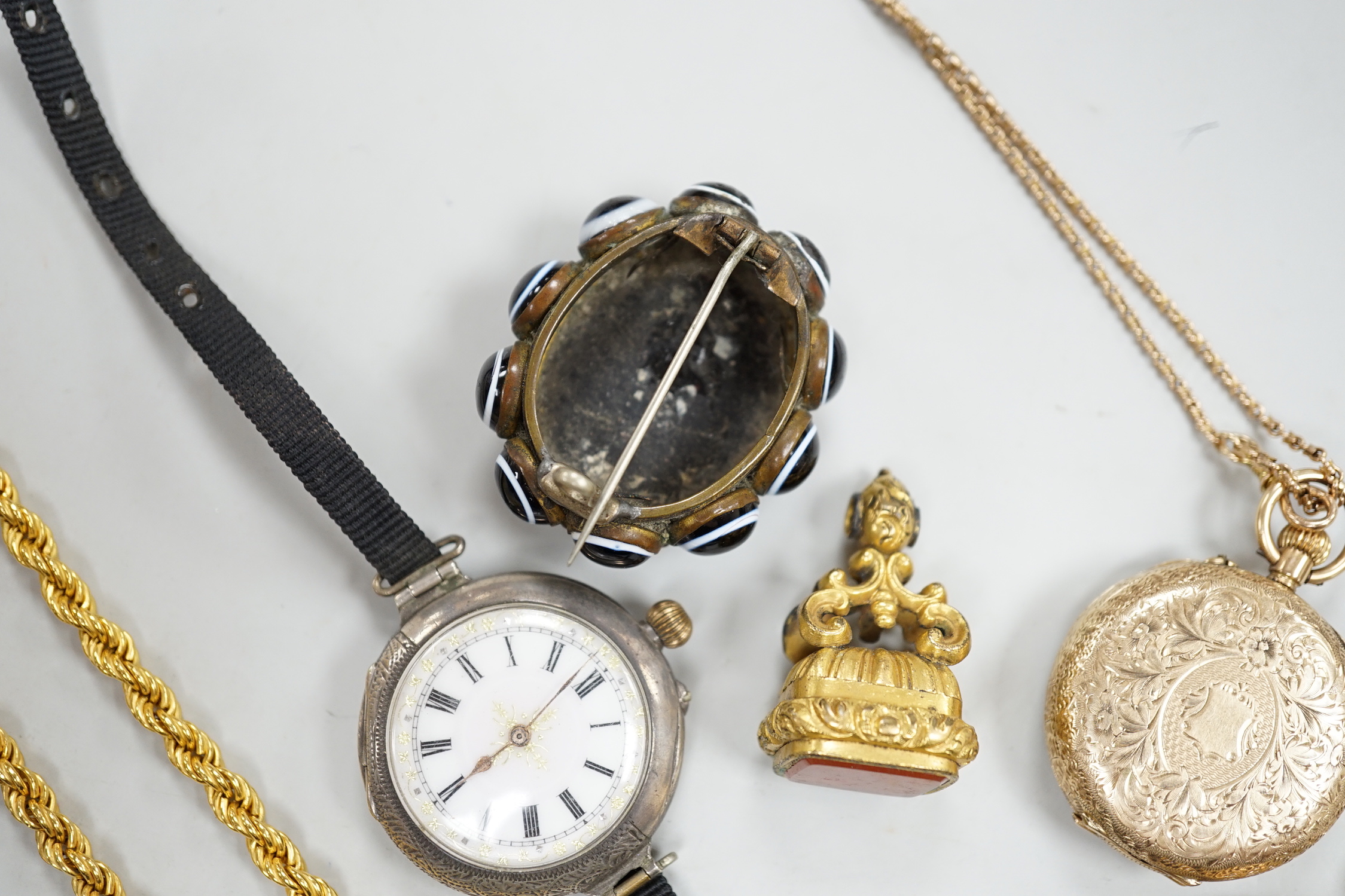 A modern 9ct gold rope twist chain, 39.5cm, 7.8 grams, two 14k fob watches, one with enamelled chapter ring, a silver wrist watch, agate brooch and a gilt metal fob seal.
